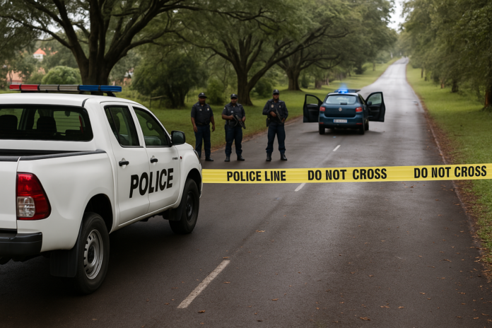 Police officers at the scene of a shootout with suspected cash-in-transit robbers in Reservoir Hills, KwaZulu-Natal, leading to three deaths.