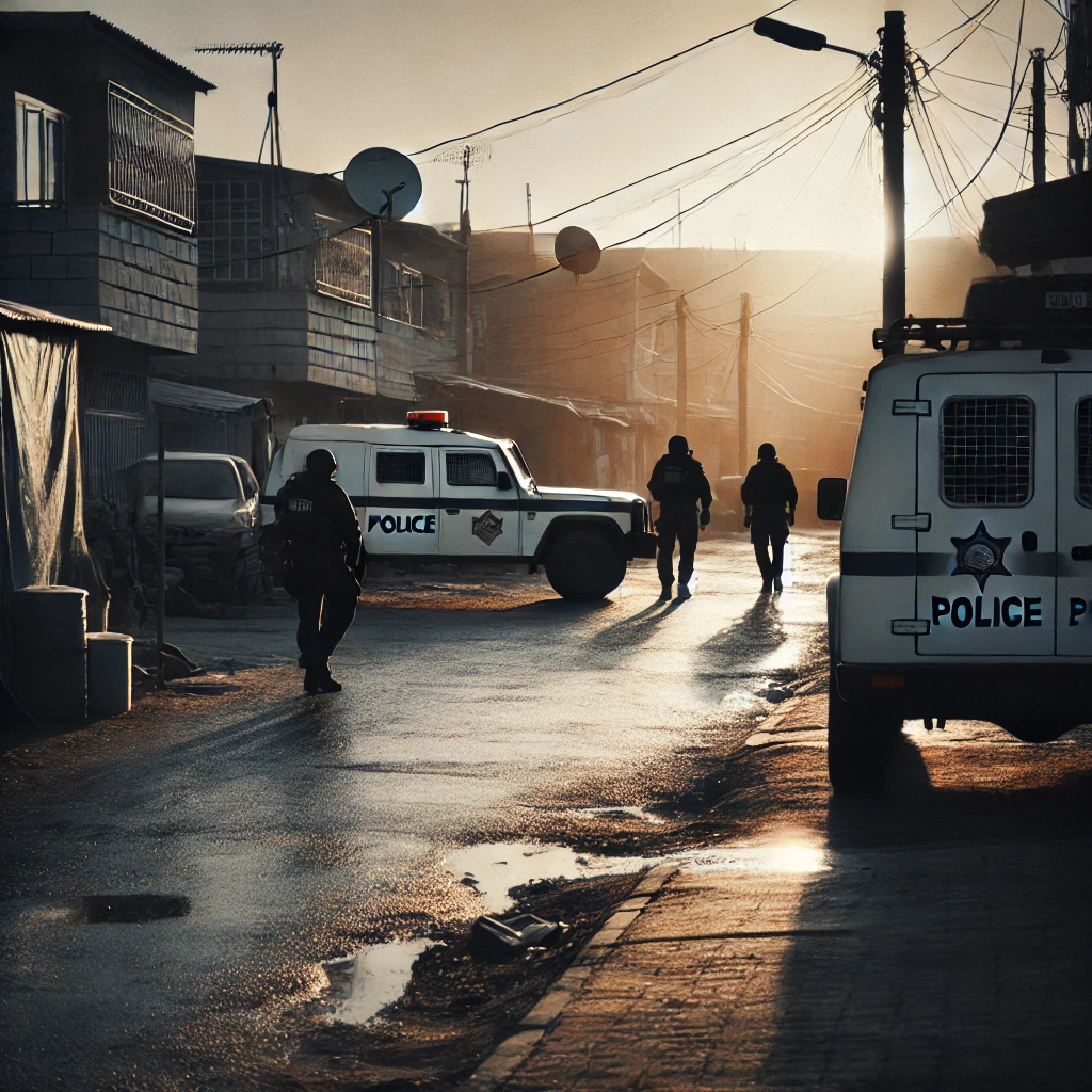 Police vehicles parked near a quiet street in Bronville, Free State, with officers investigating the area.