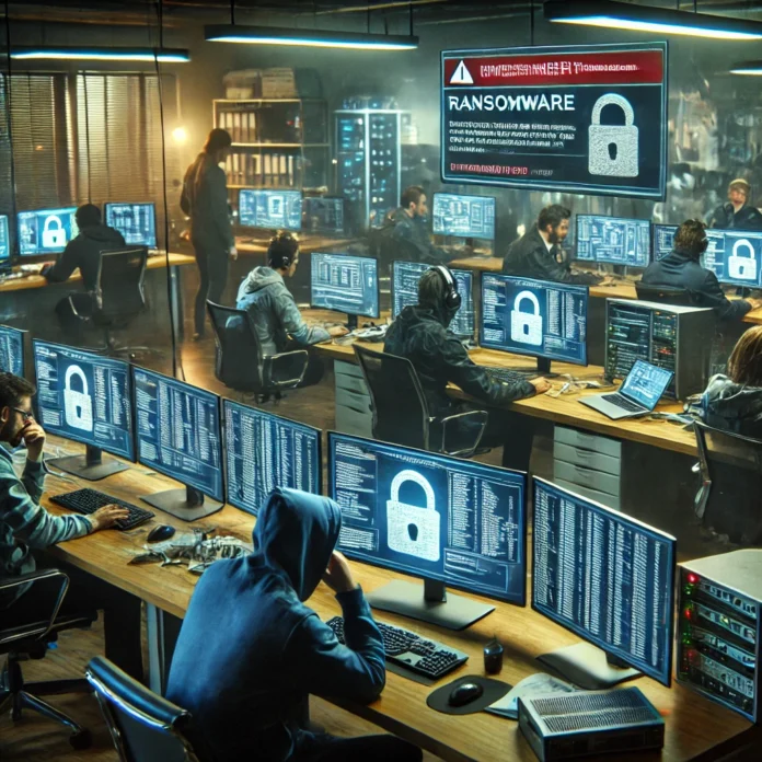 IT team working in a cybersecurity crisis, analyzing data on multiple monitors showing ransomware attack warnings and encrypted data.