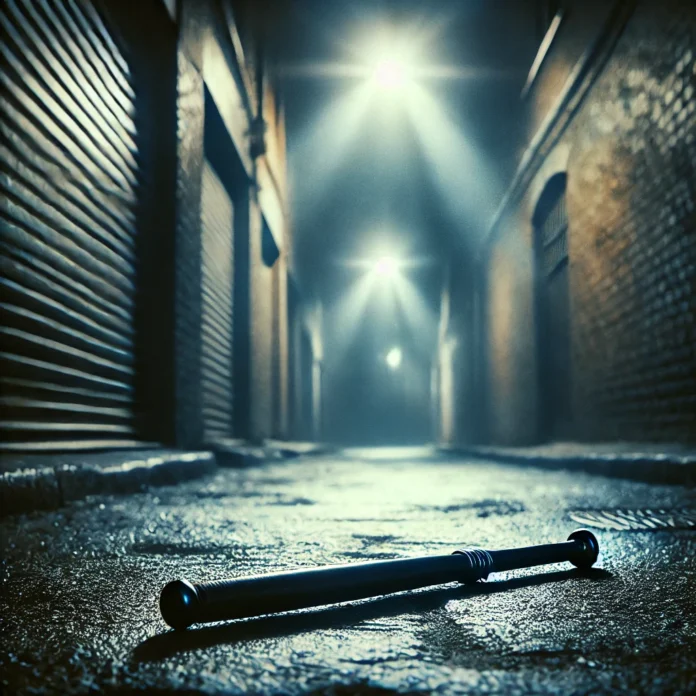 A sjambok lying on the ground in a dark alley, symbolizing the violent attack in Bronville, Free State.