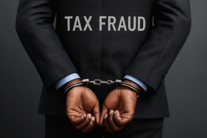 Black man in handcuffs symbolizing tax fraud arrest