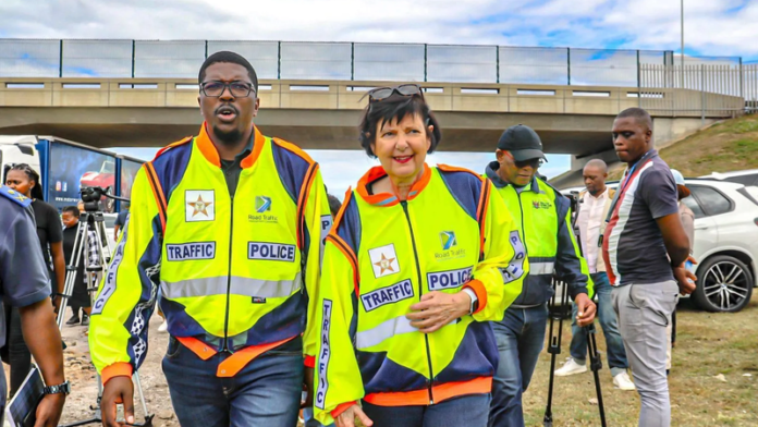 Police officers conducting a traffic stop on the N1 during the Easter weekend