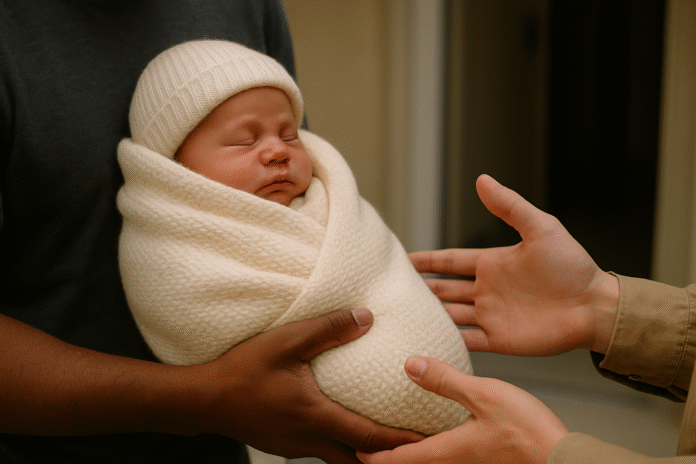 South African police officer outside hospital with recovered infants